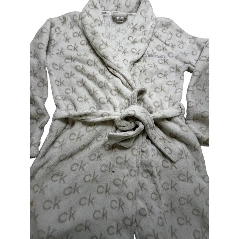 Calvin Klein Women Cream Tan Monogram Logo Fleece Robe XS/S Loungewear